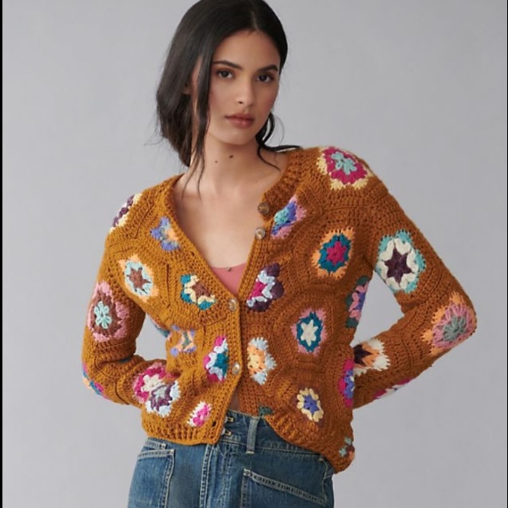 Anthropologie Mustard Crochet Granny Square Cardigan with Multicolor Accents
